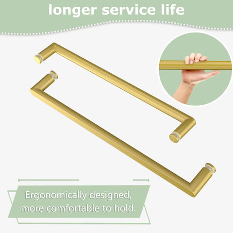 Super Sleek Frameless Double Bypass Sliding Shower Door In Brushed Gold With Adjustable 55 To 60 Inch Width And 76 Inch Height Featuring 5/16 Inch Tempered Glass With Bomb Proof Safety Film For A Totally Smooth Slide Experience with ergonomic handles.