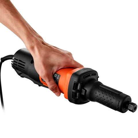 Heavy Duty Workhorse Die Grinder With Variable Speed 7000 To 30000 Rpm, held in hand, featuring orange and black design.