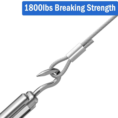 Close-up of 1/8 Inch Stainless Steel Cable 200 Feet T316 Aircraft Wire Rope showing connection, 1800lbs breaking strength.