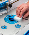Hand using Router Bit Set Up Jig For Shaker Stile And Rail Router Bits Height Alignment Tool for perfect flush joints on router.