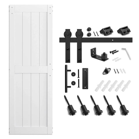 White Sliding Barn Door 30 By 80 Inches Made From MDF With Waterproof PVC Coating Pre Drilled Ready To Assemble Includes 5 Foot Black Sliding Door Hardware Kit And Handle H Frame Built To Last For Smooth Operation shown with hardware components