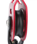 Side view of Aluminum Heavy Duty Single Swivel Rope Pulley Block for 8 To 12mm Climbing Rope, showcasing red frame and black wheel.