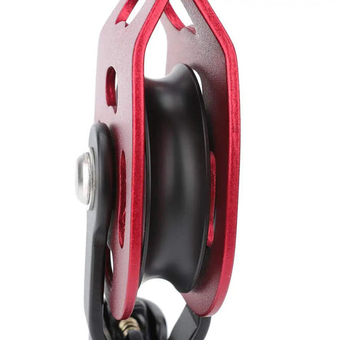 Side view of Aluminum Heavy Duty Single Swivel Rope Pulley Block for 8 To 12mm Climbing Rope, showcasing red frame and black wheel.
