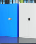 Commercial Grade Heavy Duty Steel Parts Cabinet Featuring Smooth Glide Drawers For Shop Crews, blue and white units side by side.