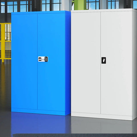 Commercial Grade Heavy Duty Steel Parts Cabinet Featuring Smooth Glide Drawers For Shop Crews, blue and white units side by side.