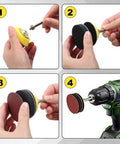 Four steps showing Five Pack One Inch Hook And Loop Sanding Disc Backing Pad Kit with drill attachment and use with drill