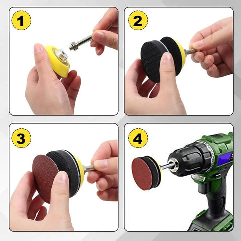 Four steps showing Five Pack One Inch Hook And Loop Sanding Disc Backing Pad Kit with drill attachment and use with drill