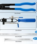 Boot Clamp Pliers Kit With 20 Pieces 304 Stainless Steel Clamps Pro Grade Axle Tool Set For Hose Banding Gearheads Dust Cover Clip Removal And Car Repair Accessories Blue, shown with dimensions.