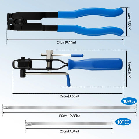 Boot Clamp Pliers Kit With 20 Pieces 304 Stainless Steel Clamps Pro Grade Axle Tool Set For Hose Banding Gearheads Dust Cover Clip Removal And Car Repair Accessories Blue, shown with dimensions.