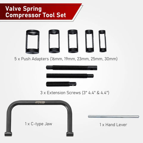 Solid Valve Spring Compressor C Clamp Service Kit showing 5 adapters, 3 screws, 1 C-type jaw, and 1 hand lever.
