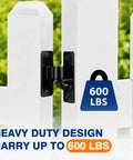 Beefy 6mm Steel Heavy Duty Gate Hinges Two-Pack, 600Lb Per Pair, black hinge mounted on white fence panel, outdoor use
