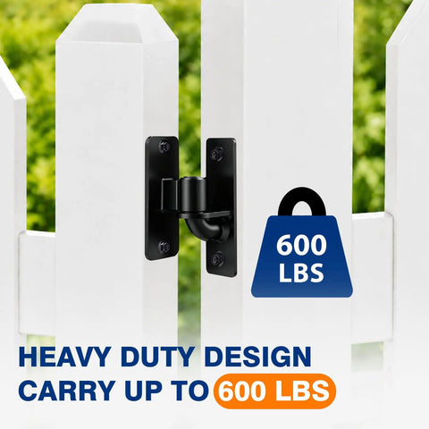 Beefy 6mm Steel Heavy Duty Gate Hinges Two-Pack, 600Lb Per Pair, black hinge mounted on white fence panel, outdoor use
