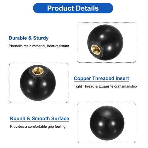 2 Pack M5 Threaded Ball Knobs 16mm Diameter Thermoset With Copper Insert For Machine Lever Handles Black Two Piece Set