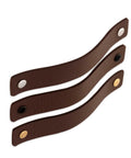 Brown Leather Drawer Pulls Set, 12 Pieces, 6.5 x 1 Inches Each, with silver, black, and gold screws, shown in a set of three.