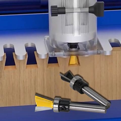 Top Tier Four Piece Dovetail Router Bit Set Featuring Precision Bearing Guides For Cabinetry And Fine Woodworking in use on wood.
