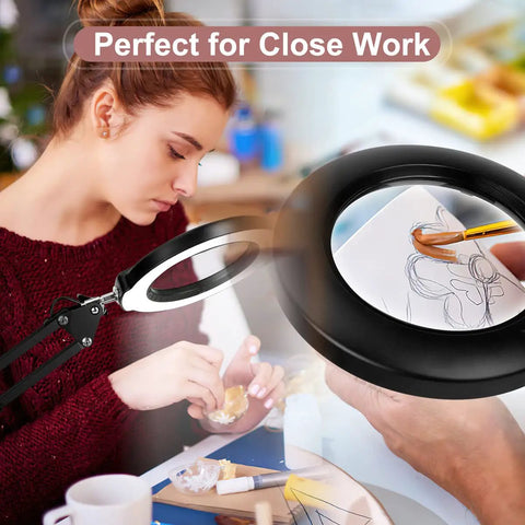 8X Magnifying Glass With Light 5 Color Modes Stepless Dimmable LED Desk Lamp With Clamp in use for crafting detail