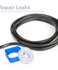 Top Shelf PTFE Adhesive Seal Tape 10 Rolls Of Water Leak Repair Wrap For Pipes And Threads Gonna Save Ya Time With This Ninja Tight DIY Plumbing Fix Daily, includes black seal tape and white tension ring.