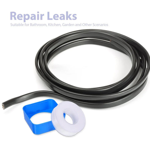 Top Shelf PTFE Adhesive Seal Tape 10 Rolls Of Water Leak Repair Wrap For Pipes And Threads Gonna Save Ya Time With This Ninja Tight DIY Plumbing Fix Daily, includes black seal tape and white tension ring.