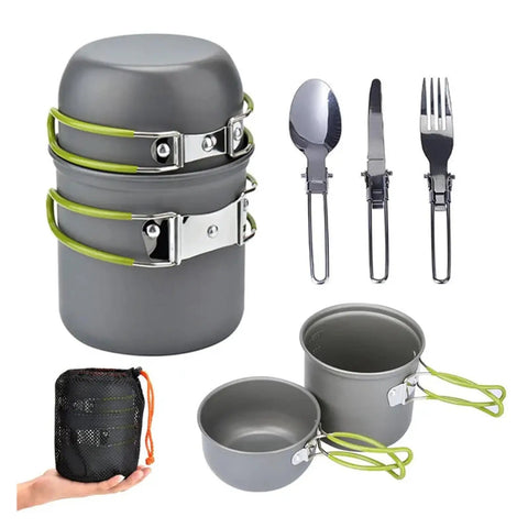 Grab and Go Camping Tableware Kit With Foldable Spoon Fork Knife Kettle and Cup Ultra Compact Lightweight Cookware Set