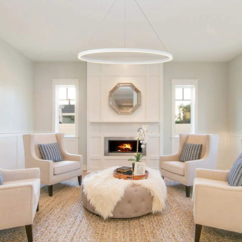 27.5 Inch LED Ring Chandelier Modern One Ring Pendant Light For Dining Room Kitchen Foyer Living Room Bedroom Hallway Warm White 3000K Non Dimmable Dope Look For Any Modern Home Decor hanging in a stylish living room