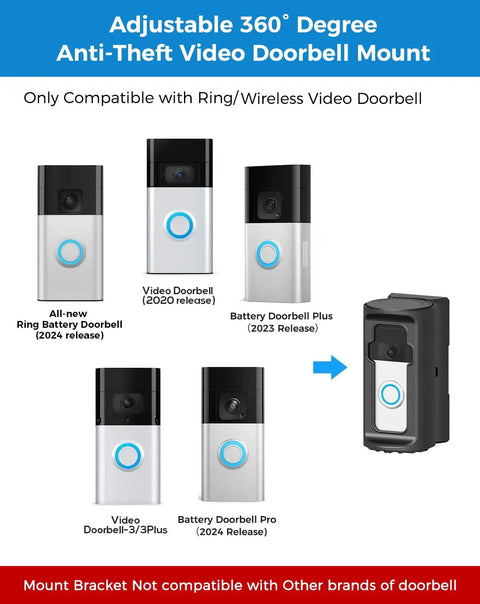 Adjustable 360 Degree No Drill Video Doorbell Mount For Ring Battery Doorbell Plus Pro Anti Theft Corner Kit shown with compatible models