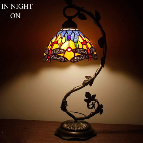 Dragonfly Tiffany Style Table Lamp With Blue And Yellow Stained Glass Shade Bronze Metal Leaf Base 21 Inch Tall 8 Inch Wide Shade