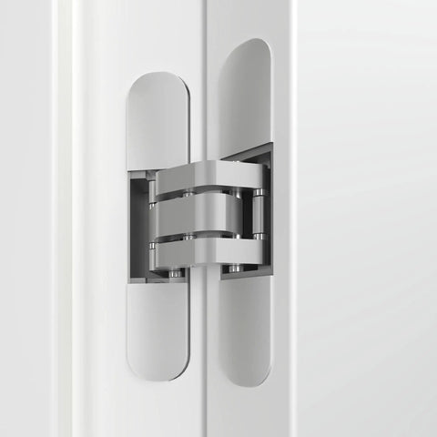 Heavy Duty Concealed Door Hinge Delivers True 180 Degree Swing For Interior Rooms, showcasing smooth chrome finish and hidden hardware.