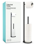 Free Standing Black Toilet Paper Holder Stand With Reserve Storage, holds one roll and stows three spare rolls, in packaging box