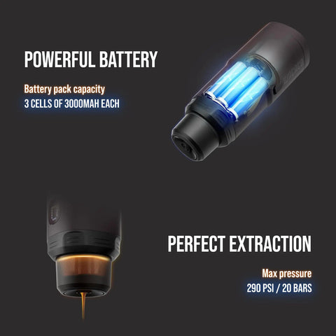 Portable Espresso Maker For Ground Coffee And NS Capsules, 20 Bar Pressure, battery and extraction details, dark design