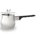 Stainless steel Turkish Coffee Pot Warmer Set In Stainless Steel, featuring dimensions, with heat-resistant handle and pour spout.