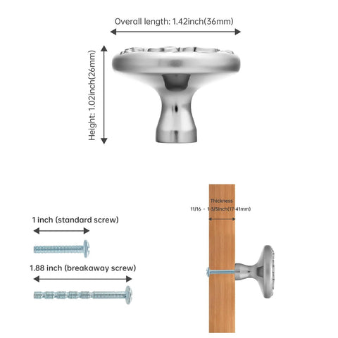 Flower Shaped Cabinet Knob in brushed satin nickel with 1.42 inch diameter and 1.02 inch height, includes two screw options for installation.