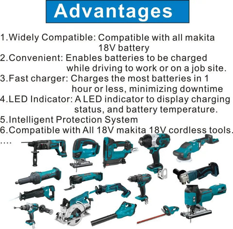 Advantages of On The Go 18V Battery Car Charger for Li Ion and NiMH, with Makita tools and fast charge benefits in one hour or less