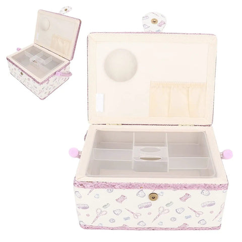Grab And Go Removable Tray Sewing Basket With Handles For Quilting And Crafts, Vintage Style Needle And Thread Organizer, open view