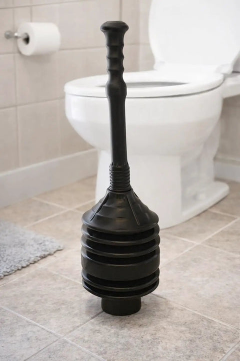 Heavy Duty Accordion Plunger That Nukes Stubborn Blockages Fast In Toilets Sinks Tubs And Showers With A Rock Solid Airtight Seal For Quick Drain Clearing Zero Mess Included Matte Black standing beside a toilet.