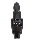 Close-up of a black electrical switch, showing voltage ratings and part number SS-5, isolated on white background.