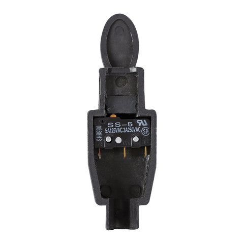 Close-up of a black electrical switch, showing voltage ratings and part number SS-5, isolated on white background.