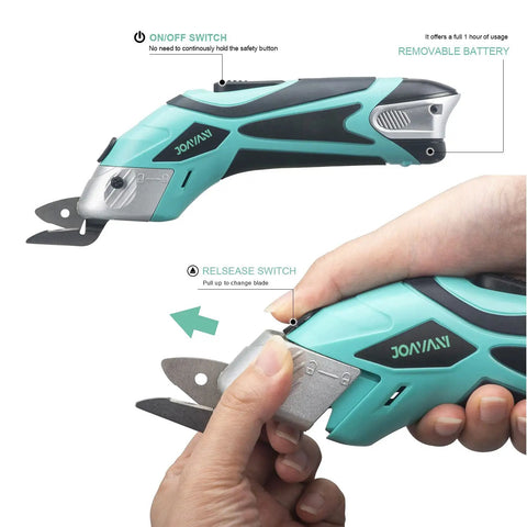 Joyani Cordless Electric Fabric Scissors For Sewing Cardboard And Carpet. Battery Operated Power Shears with removable blade switch.