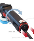 Close-up of Mini Rotary Car Polisher with Pads and M14 Extension Shafts showing variable speed and dust-proof net features.