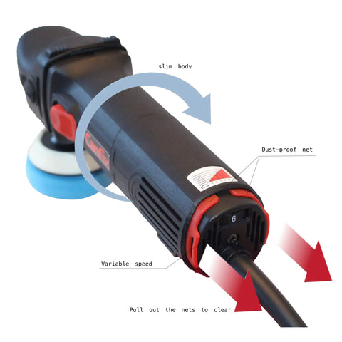 Close-up of Mini Rotary Car Polisher with Pads and M14 Extension Shafts showing variable speed and dust-proof net features.