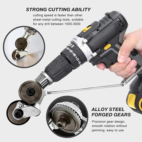 Heavy Duty Electric Drill Metal Plate Cutter Attachment For Precise Circular Holes In Sheet Steel And Aluminum Handy Portable Hole Slicer Tool with alloy steel gear detail.