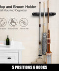 2 Pack Wall Mounted Mop And Broom Holder Organizer With Five Ball Slots And Six Hooks For Cleaning Tools Space Saving Tool Rack Heavy Duty Wall Mount Black with mops and brooms