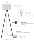 Mid Century Modern Tripod Floor Lamp In Black, Tall Standing Lamp With Adjustable Three Way Lighting To Brighten Living Room, Office Or Bedroom, Retro Style, 61.25 Inches High, LED Bulb Not Included with dimensions and features labeled