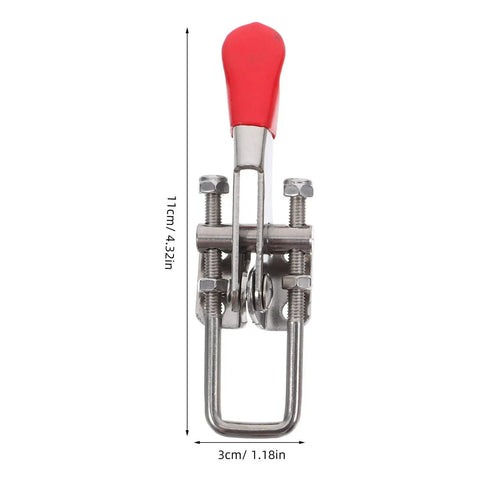 Heavy Duty Adjustable Toggle Clamp Latch In Stainless Steel For Doors Boxes And Industrial Equipment Compact Design With Easy Installation Built Tough And Reliable Small Toggle Clamp For Quick Secure Latching, red handle, front view