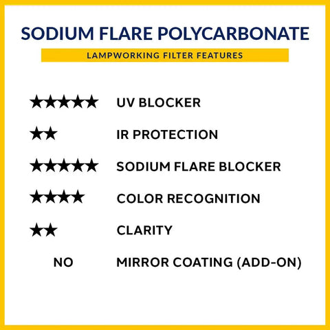 Sodium Flare Polycarbonate lampworking filter features include UV blocker, IR protection, sodium flare blocker, and color recognition.