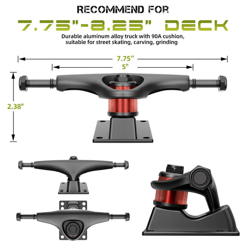 Skateboard Trucks And Wheels Starter Kit For 7.75 To 8 Inch Decks with durable aluminum alloy trucks and 90A cushion.