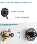 Shower System With Tub Spout, Rain Mixer Shower Set controls and pressure balancing valve details, matte black.