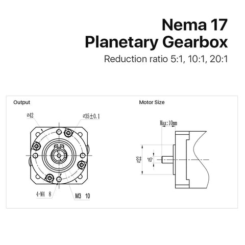 Nema17 Planetary Gearbox Motor Speed Reducer With 5mm Input Shaft And Multiple Ratios For Stepper Motors detailed schematic with dimensions.