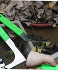 Close-up of green-handled scythe from 6 Piece Gardening Scythe Set All In One Hand Tools For Weeding Grass Cutting And Lawn Care