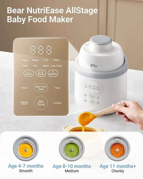 All-In-One Baby Food Maker Steamer And Blender For Kid-Friendly Homemade Meals With Three Stage Settings display and spoon