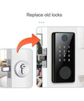 Hassle Free Keyless Smart Deadbolt Featuring Instant Fingerprint Recognition And Numeric Keypad, showcasing door replacement process.